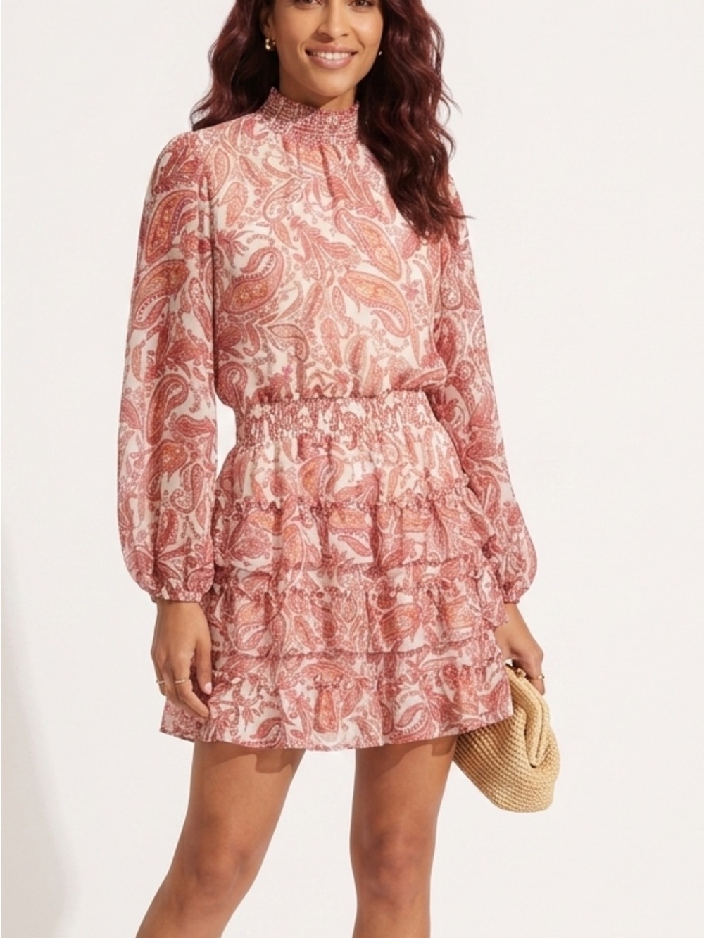 MSK Pink Paisley Smocked-Neck Tiered Ruffle Mini Dress